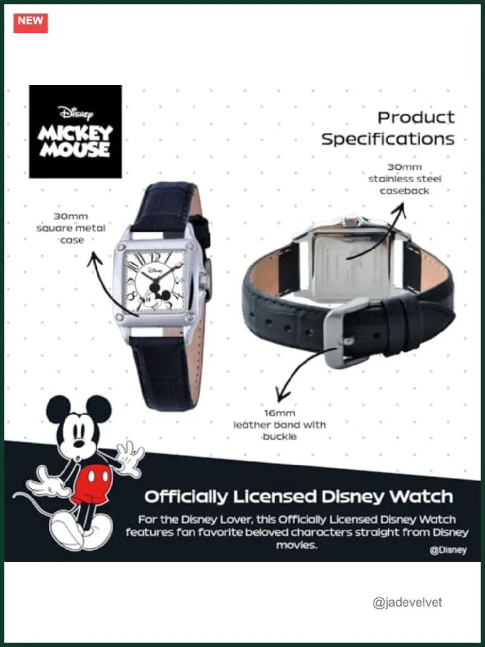 Disney Officially Licensed Mickey Mouse Watch Square White Dial Silver Case